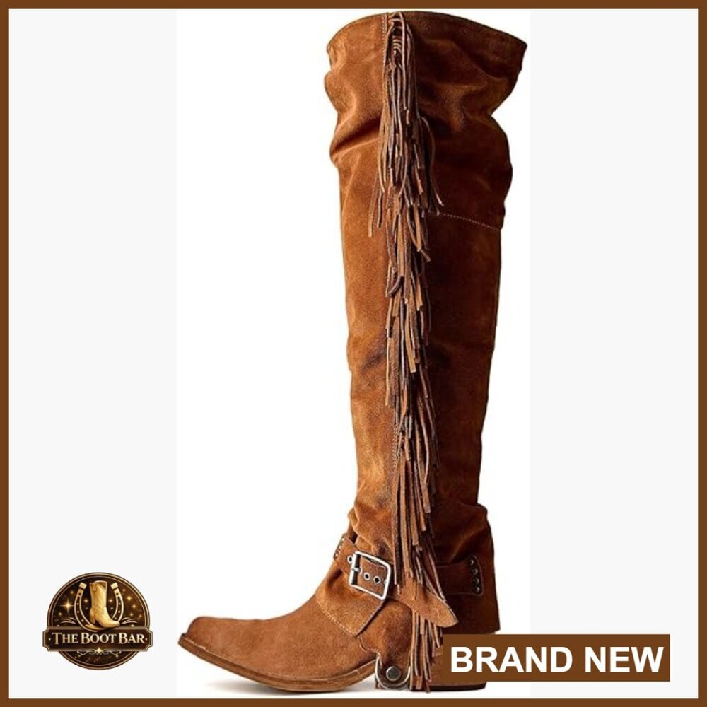 Over The Knee Cowboy Boots With Fringe Buckle Belts Chunky Heel
